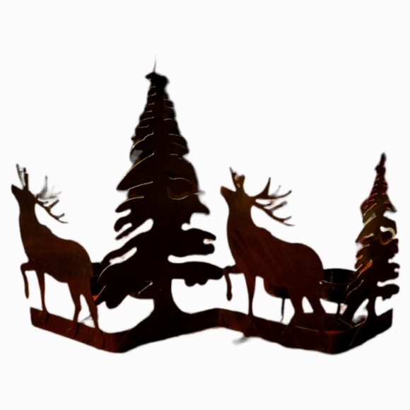 Vtg Tea Light Candle Holder Metal Art Sculpture Elk Pine Trees Brown